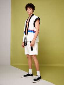 PopINSTAdArt Hombres Shorts panel en contraste de cintura con cordón - Blanco - Ver 3