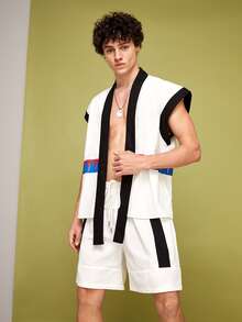 PopINSTAdArt Hombres Shorts panel en contraste de cintura con cordón - Blanco - Ver 5