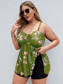 Plus Size Floral Print Flounce Hem Ruched Tankini Summer Beach - Lime Green - View 1