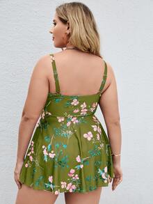 Plus Size Floral Print Flounce Hem Ruched Tankini Summer Beach - Lime Green - View 2