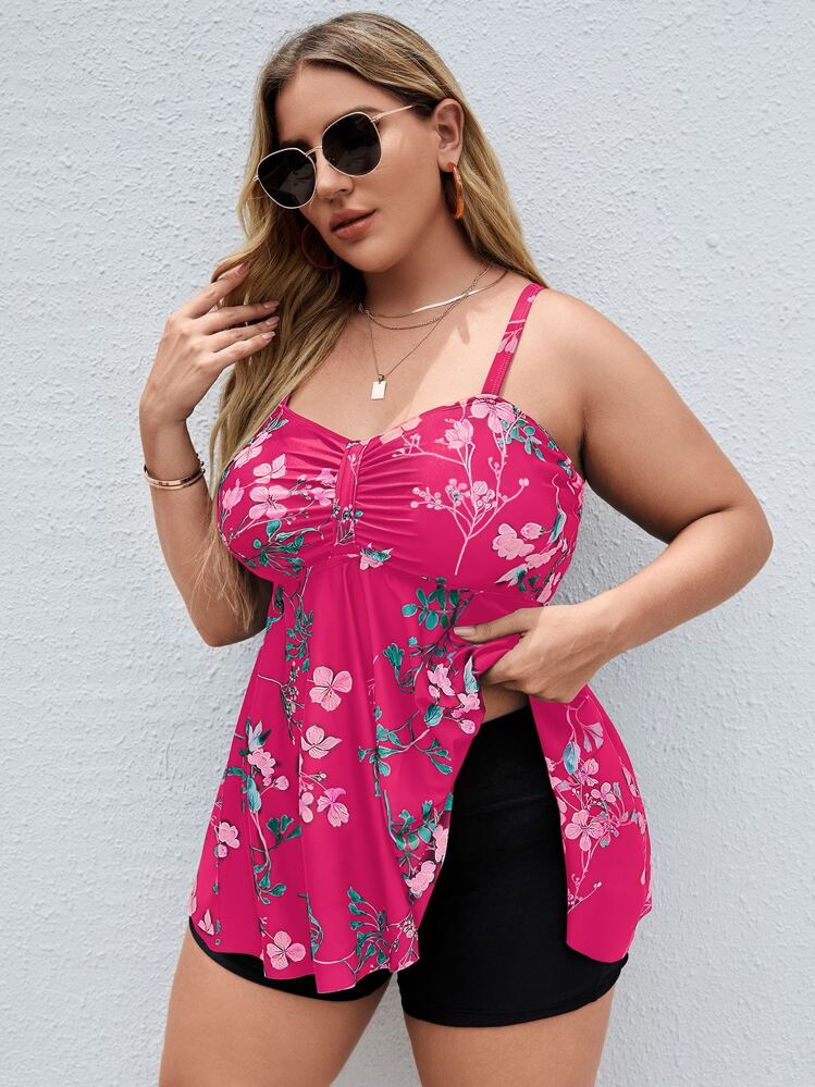 SHEIN Swim Curve Plus Floral Tankini Set Ruched Bust Flowy Cami Swim Dress Tankini Shorts 2 Piece Swimsuit SHEIN