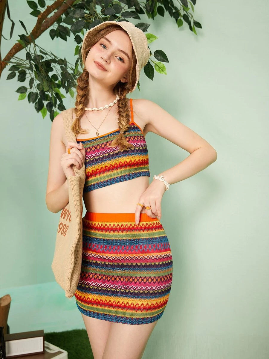 SHEIN MOD Geo Pattern Crop Cami Top & Bodycon Skirt - Orange - View 1