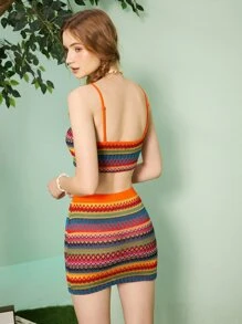 SHEIN MOD Geo Pattern Crop Cami Top & Bodycon Skirt - Orange - View 5