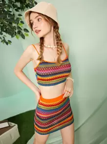 SHEIN MOD Geo Pattern Crop Cami Top & Bodycon Skirt - Orange - View 3