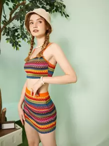 SHEIN MOD Geo Pattern Crop Cami Top & Bodycon Skirt - Orange - View 4