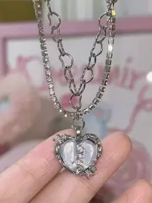 Heart Charm Layered Necklace - Silver - View 1