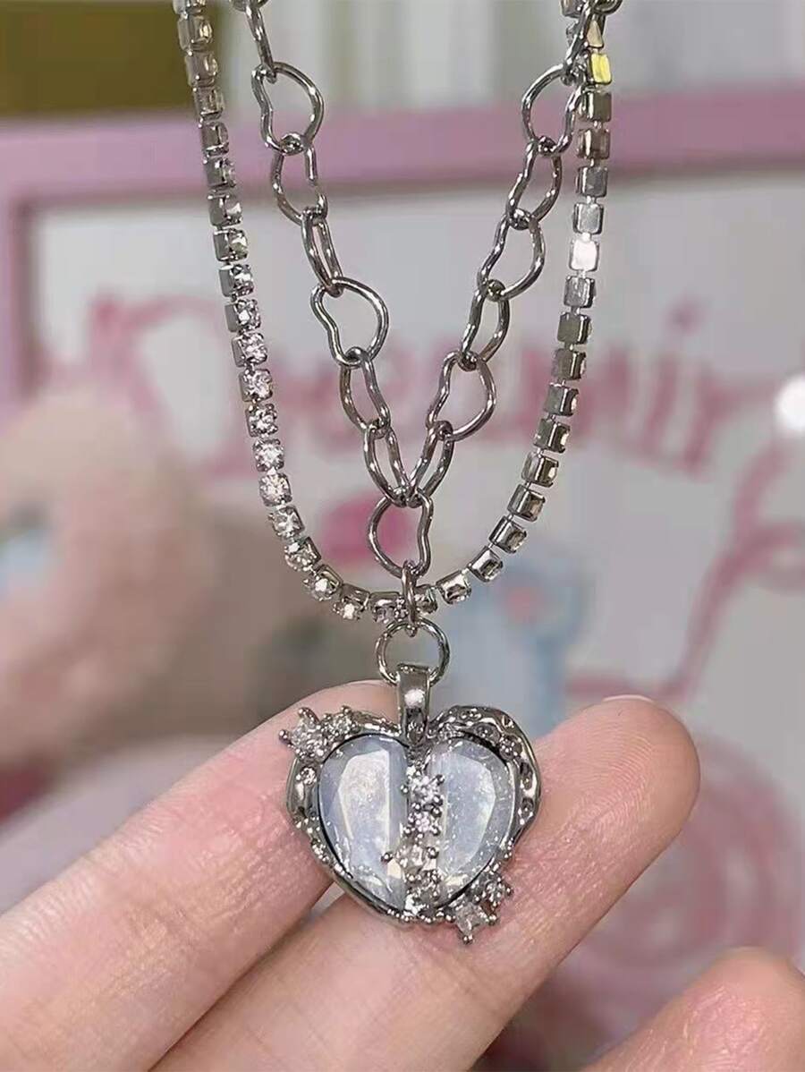 Heart Charm Layered Necklace - Silver - View 1