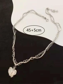 Heart Charm Layered Necklace - Silver - View 7
