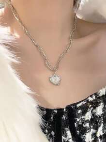 Heart Charm Layered Necklace - Silver - View 6