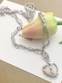 Heart Charm Layered Necklace - Silver - View 4