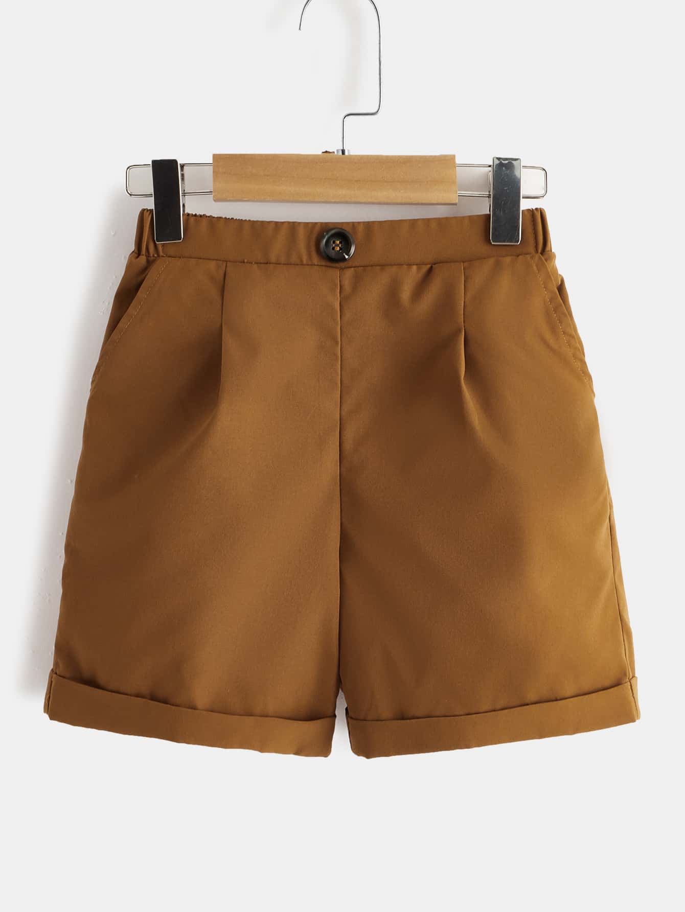 SHEIN 年輕男孩打褶細節捲邊短褲 - 棕色 - 查看 1