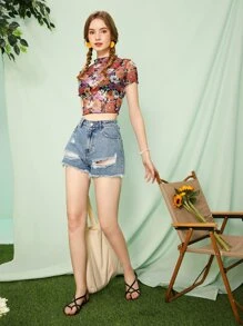 SHEIN MOD Allover Floral Print Lettuce Trim Crop Mesh Tee - Multicolor - View 4