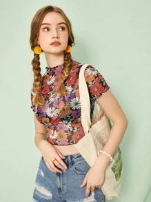 SHEIN MOD Allover Floral Print Lettuce Trim Crop Mesh Tee - Multicolor - View 3