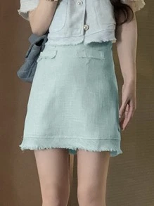 Váy nữ Hem thô Dây kéo màu trơn Thanh lịch - Màu xanh bạc hà - Xem 1
