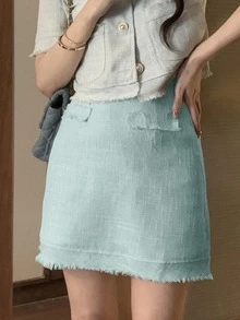 Váy nữ Hem thô Dây kéo màu trơn Thanh lịch - Màu xanh bạc hà - Xem 4