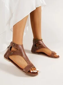 Sandalias cómodas informales para exteriores para mujer, decoración de tachuelas recortadas artificial, sandalias con correa en el tobillo y punta abierta - Marrón - Ver 3