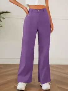 SHEIN PETITE Solid High Waist Trousers - Violet Purple - View 1
