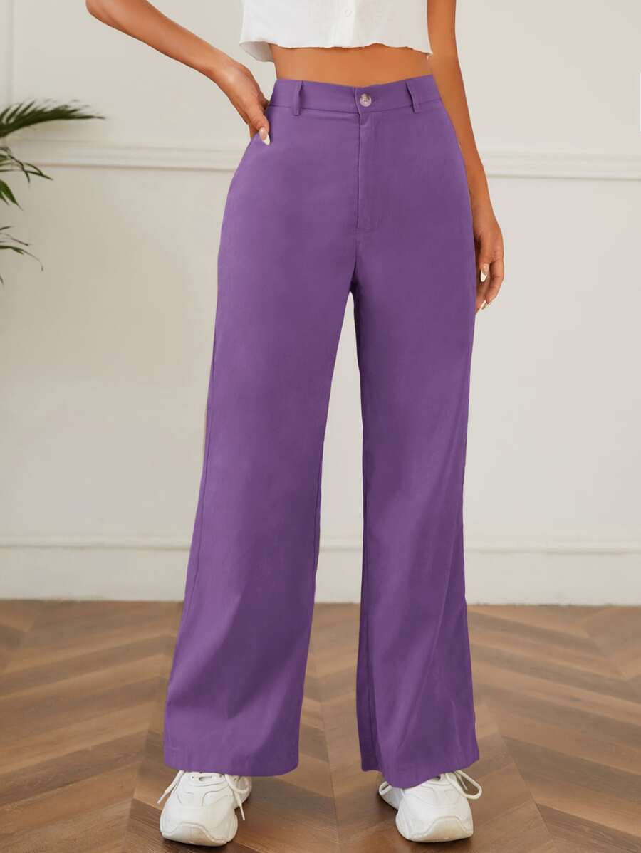 SHEIN PETITE Solid High Waist Trousers - Violet Purple - View 1