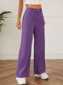 SHEIN PETITE Solid High Waist Trousers - Violet Purple - View 4