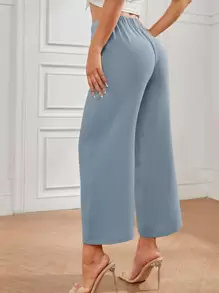 SHEIN PETITE High Waist Knot Front Pants - Dusty Blue - View 3