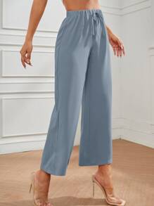 SHEIN PETITE High Waist Knot Front Pants - Dusty Blue - View 4