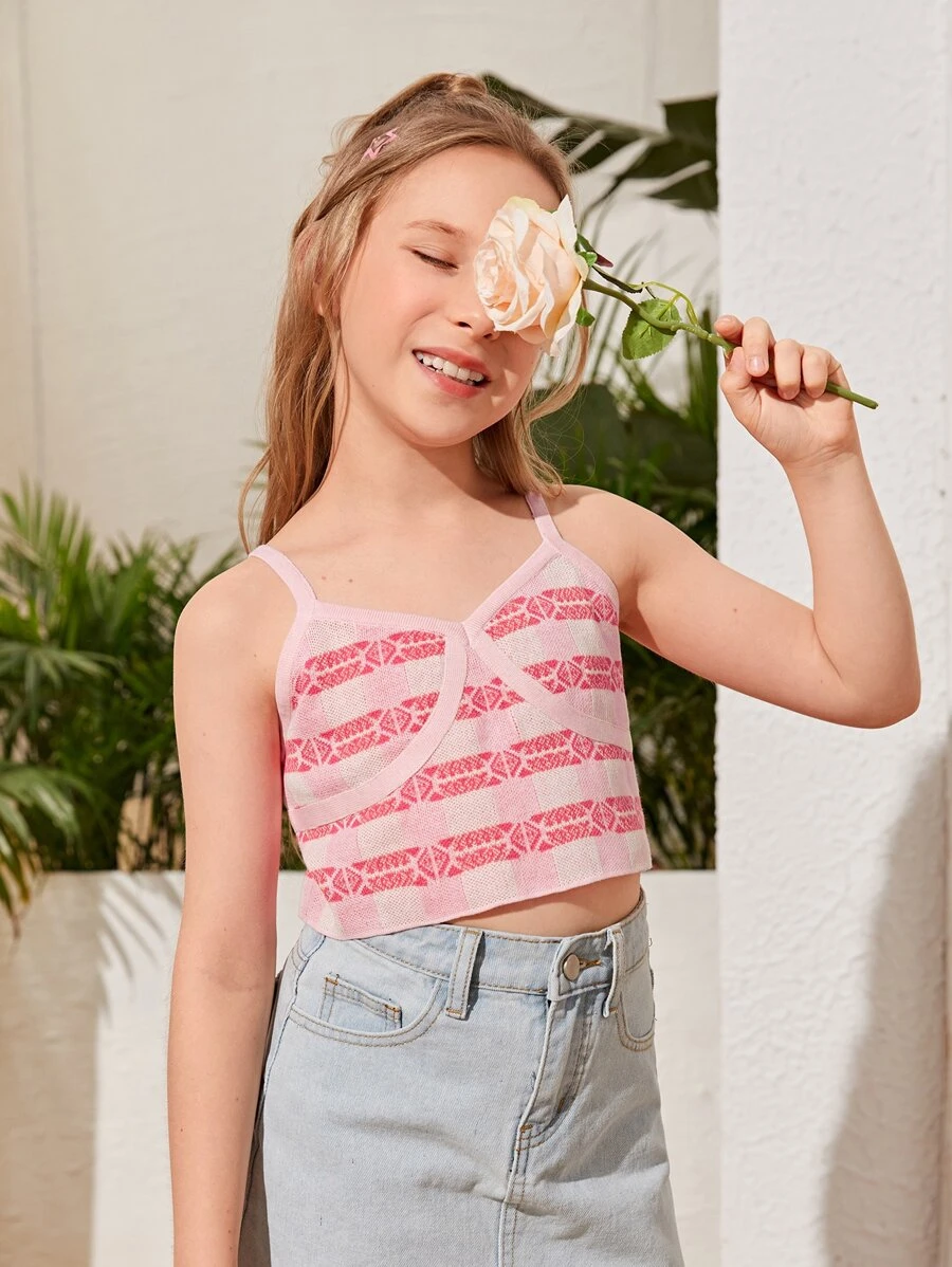 SHEIN Girls Geo Pattern Cami Knit Top - Baby Pink - View 1