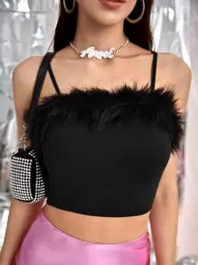 SHEIN ICON Y2k Black Fuzzy Trim Cami Top - Black - View 1
