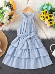 Toddler Girls Swiss Dot Layered Hem Belted Halter Dress