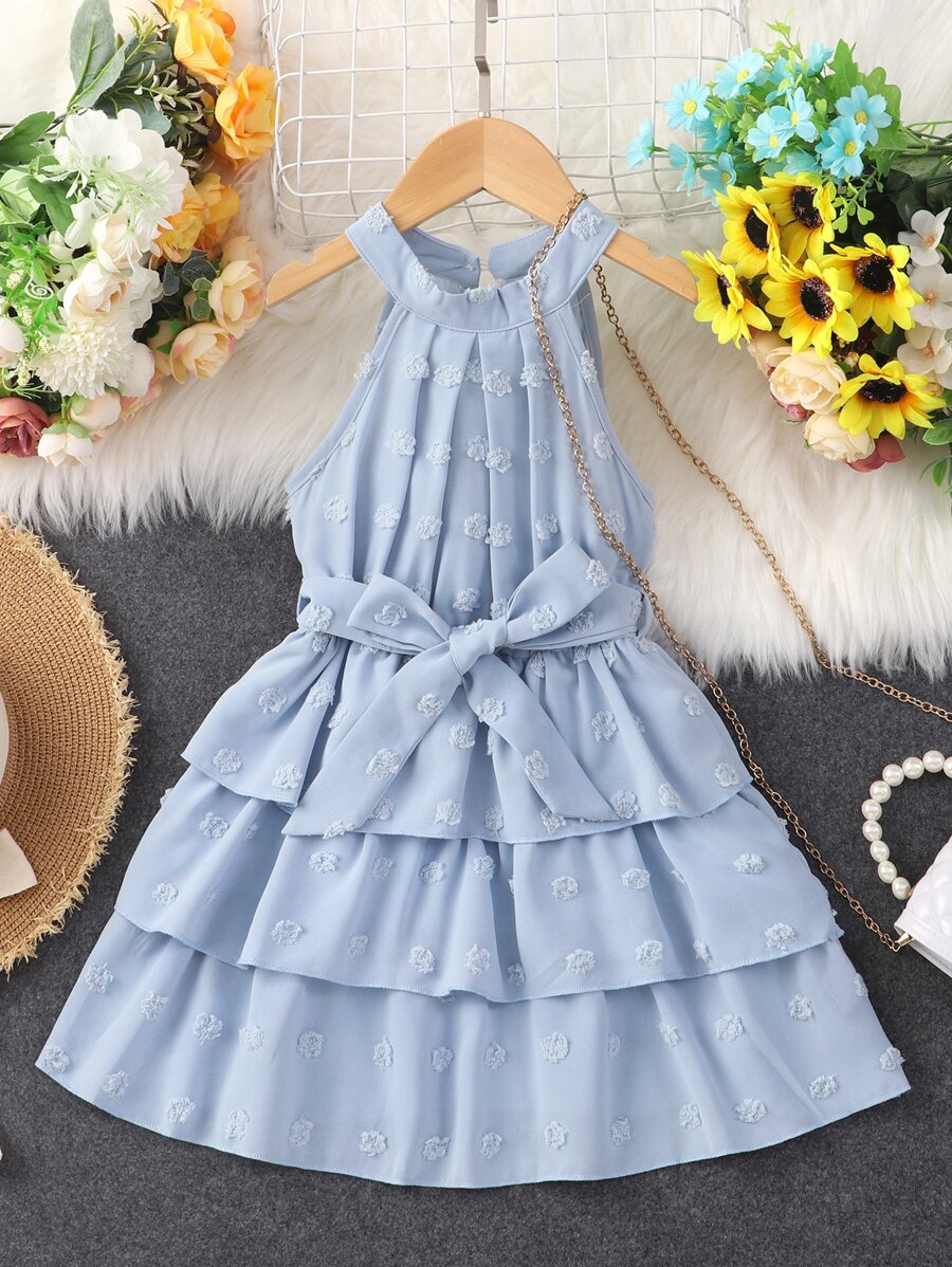 Toddler Girls Swiss Dot Layered Hem Belted Halter Dress