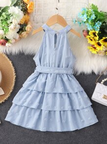 Toddler Girls Swiss Dot Layered Hem Belted Halter Dress