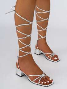 Xăng đan Cao gót Nữ màu trơn Dải mỏng Đúng mốt - Bạc - Xem 2