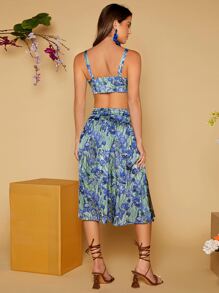 Floral Print Knot Front Crop Cami Top & Ruched Skirt - Multicolor - View 2