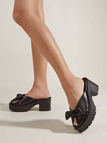 Bow Decor Chunky Heeled Mule Sandals - Black - View 2