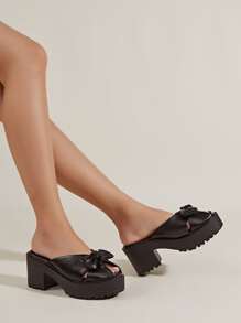 Bow Decor Chunky Heeled Mule Sandals - Black - View 3