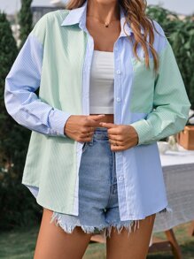 SHEIN Unity 條紋圖案落肩袖雙色襯衫 - 彩色 - 查看 4