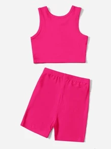 SHEIN Baby Solid Tank Top & Cycling Shorts Set - Hot Pink - View 2
