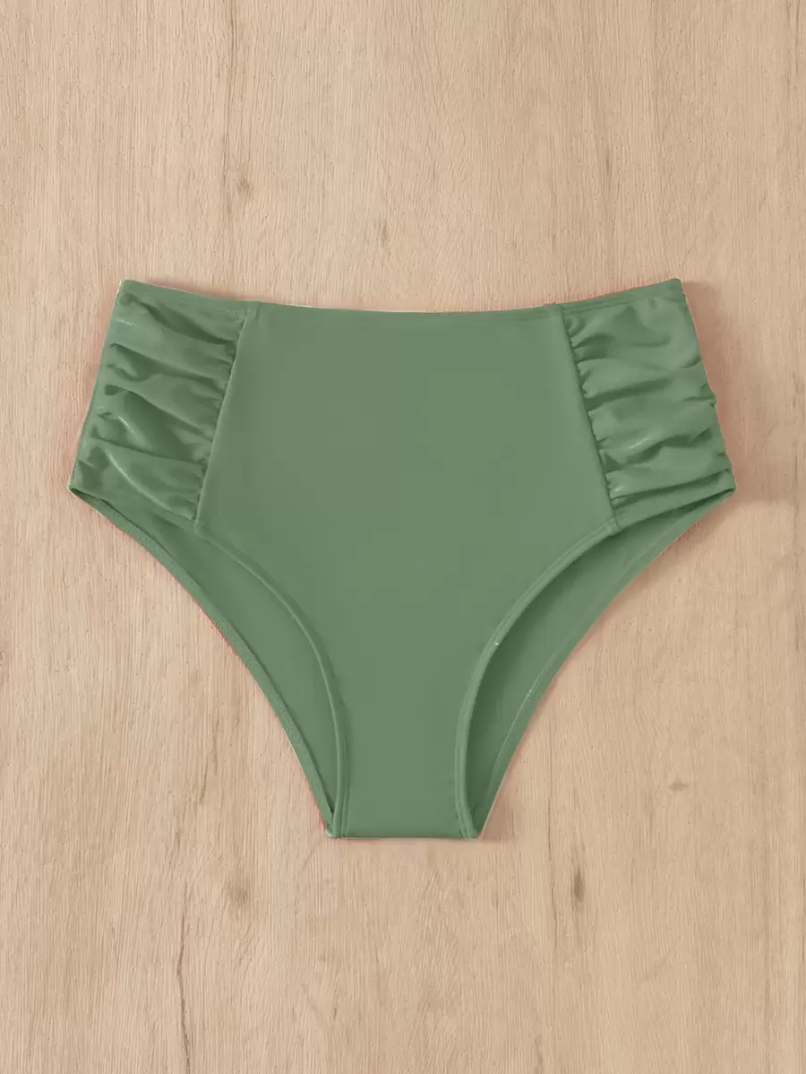 SHEIN Swim Summer Beach Plain Ruched High Waisted Bikini Bottom - Green - View 1