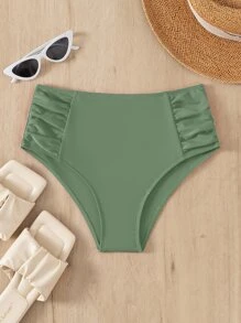 SHEIN Swim Summer Beach Plain Ruched High Waisted Bikini Bottom - Green - View 3