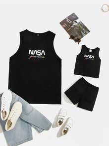 SHEIN Baby Boy Letter Graphic Tank Top & Track Shorts Set - Black - View 3