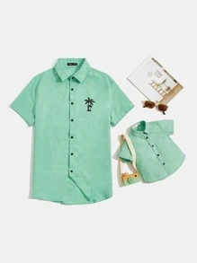 SHEIN Baby Boy Collared Button Up Shirt - Mint Green - View 3