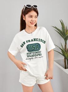 SHEIN Teen Girls Letter Graphic Drop Shoulder Tee - White - View 1