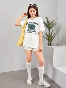 SHEIN Teen Girls Letter Graphic Drop Shoulder Tee - White - View 3