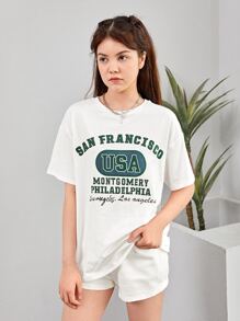 SHEIN Teen Girls Letter Graphic Drop Shoulder Tee - White - View 4