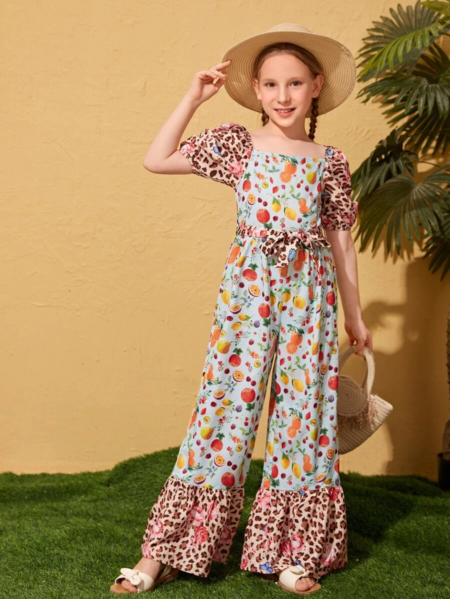SHEIN Girls Fruit & Leopard Print Puff Sleeve Ruffle Hem Belted Jumpsuit - Multicolor - View 1