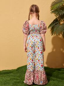 SHEIN Girls Fruit & Leopard Print Puff Sleeve Ruffle Hem Belted Jumpsuit - Multicolor - View 2