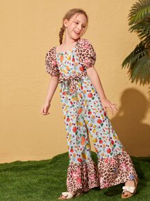 SHEIN Girls Fruit & Leopard Print Puff Sleeve Ruffle Hem Belted Jumpsuit - Multicolor - View 3