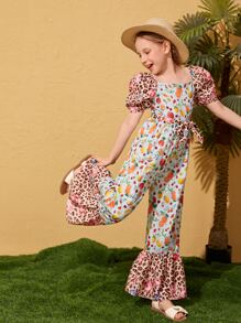 SHEIN Girls Fruit & Leopard Print Puff Sleeve Ruffle Hem Belted Jumpsuit - Multicolor - View 4