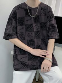 男士字母和卡通圖案落肩T恤 - 灰色 - 查看 3