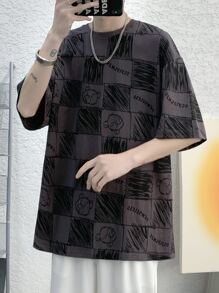 男士字母和卡通圖案落肩T恤 - 灰色 - 查看 5