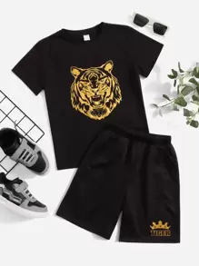 SHEIN 男孩老虎印花T恤和字母圖案短褲